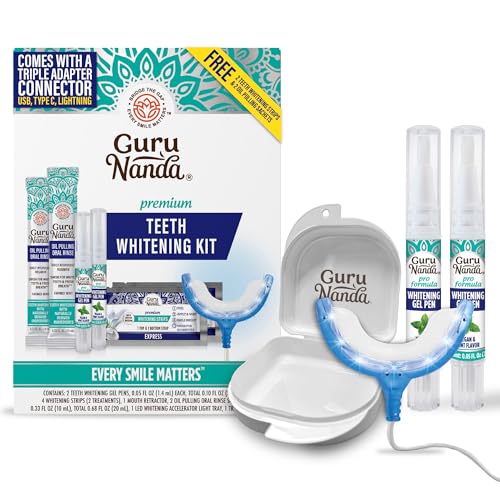 GuruNanda Premium Teeth Whitening Kit with Wired LED Light & Whitening Pen, Works with iPhone & Android, Helps Remove Surface Stains from Coffee, Food, Soda