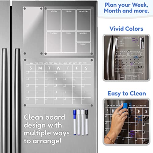 3 Planning Boards Clear White Acrylic Magnetic Calendar For Fridge 8Pc Set. Monthly Planner, Weekly Magnetic Calendar For Refrigerator, Blank Dry Erase Board For Refrigerator, Magnet Markers, Eraser #TOP2