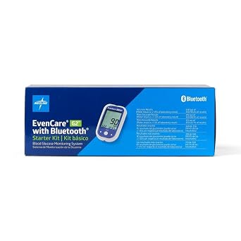 Medline EvenCare G2 Blood Glucose Monitoring Meter with Bluetooth Connectivity Starter Kit with Reusable Lancing Device, 10 Lancets, 10 Test Strips, User's Guide, and Carrying Case