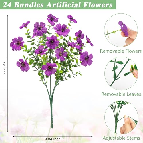 Image of Bassion 24 Bundles Artificial Flowers for Outdoors Fake Flowers, Purple | UV resistant, silk flowers, realistic faux plants for outdoor planter, window box porch patio garden home outside decor