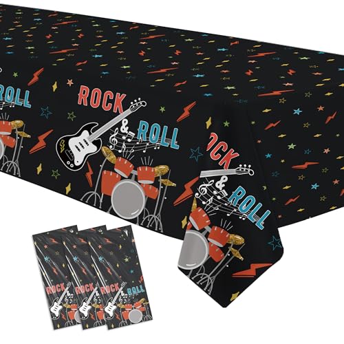 FVABO Rock and Roll Party Decorations Tablecloth, 3pcs Disposable Rockstar Music Guitar Theme Rock n Roll Party Supplies Tablecover for Birthday Baby Shower, 86in x 55in