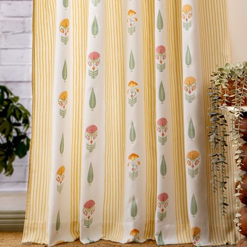 Image of Tranquebar Curtain Co. Window Curtains 5 Feet, 60-65% Room Darkening,Yellow-Pink Floral Print, Cotton Curtains for Window, Cotton Curtains 5 Feet Long Set of 2, BackTab Loops,Reva (152 cm) - Set of 2
