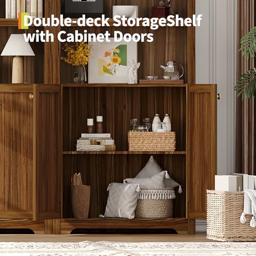 GAOMON 72'' Tall Arched Cabinet, 5 Tier Arched Bookshelf with Double Doors & Adjustable Shelf, Wooden Bookcase with Storage for Living Room, Bedroom, Study, Kitchen, Home Office, Walnut Color