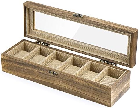 SRIWATANA Watch Box Case Organizer Display for Men Women, 6 Slot Wood Box with Glass Top, Carbonized Black