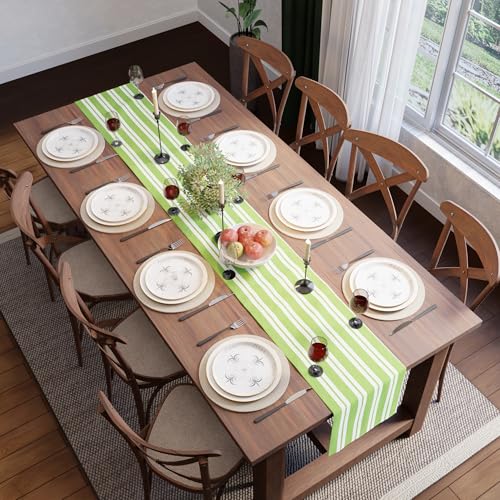 Image of Encasa XO Cotton Table Runner for 2 to 4 Seater | Size 13x48 in | Franca Lime Stripes - Machine Washable & Durable