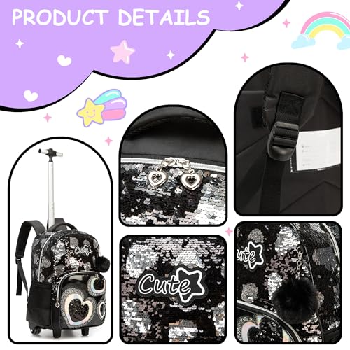 Girls Rolling Backpack Kids Trolley School Bag with Wheels Rolling Backpack for Kids 8-12 Roller Backpacks for Girls Cute Schoolbag with Lunch Bag Set for Elementary3