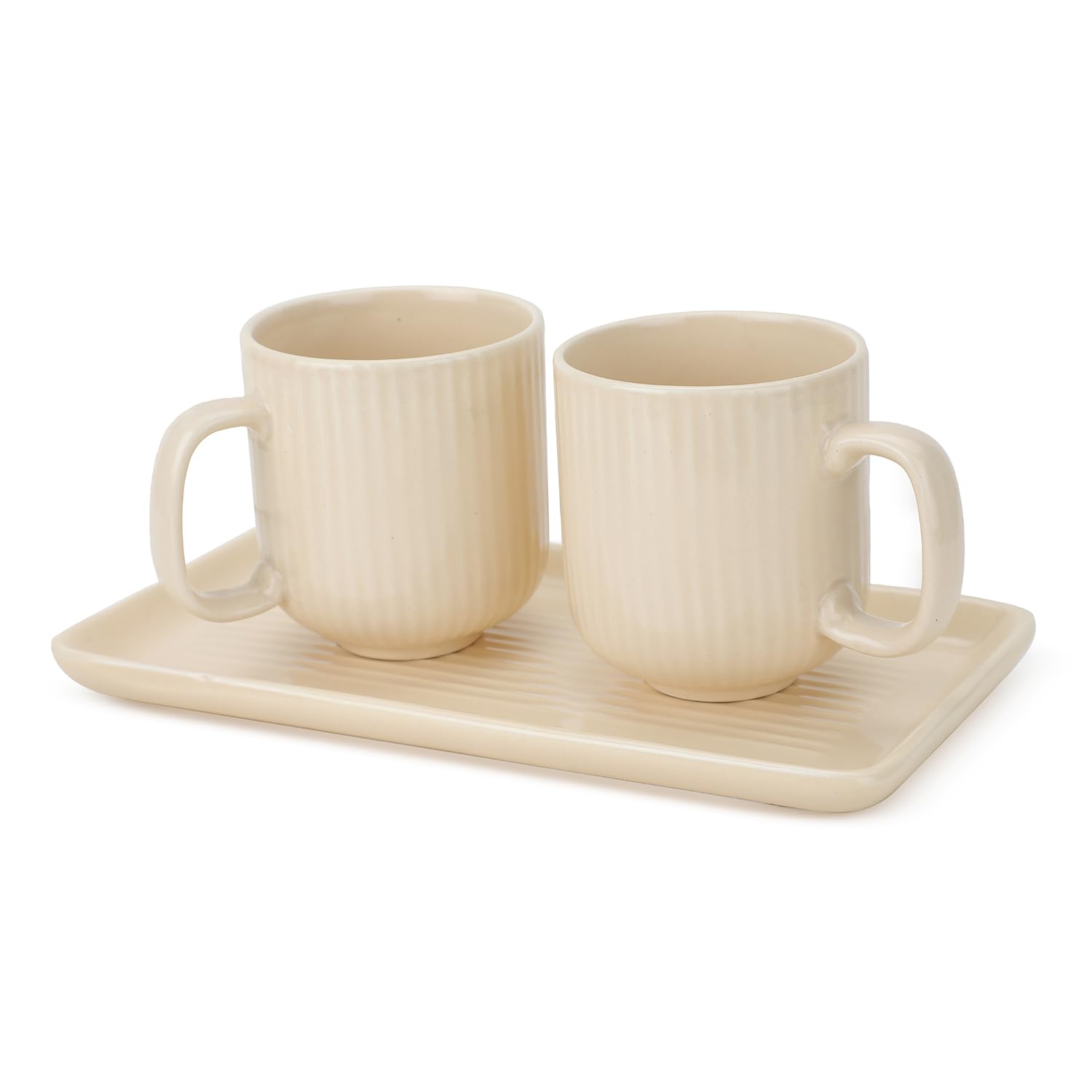 Handmade Ceramic 2 Coffee Mugs & 1 Serving Tray Set, 8 Oz Mug Capacity and 9
