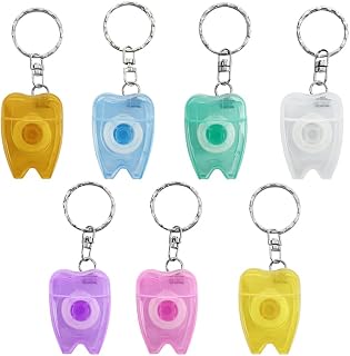 20Pcs Portable Cleaning Mint Dental Teeth Floss Tooth Shaped Key Chain Flat-Line Design Floss Roll Cleaning Oral Care Tooth Cleaner Hygiene 15M Length- Random Color