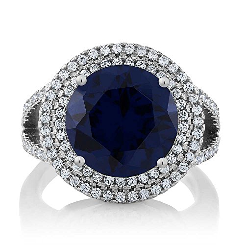 Gem Stone King 7.56 Cttw Blue Simulated Sapphire Ring In 925 Sterling Silver | Round 12MM | Wedding Engagement Anniversary Promise Ring For Women | Available in size 5, 6, 7, 8, 9