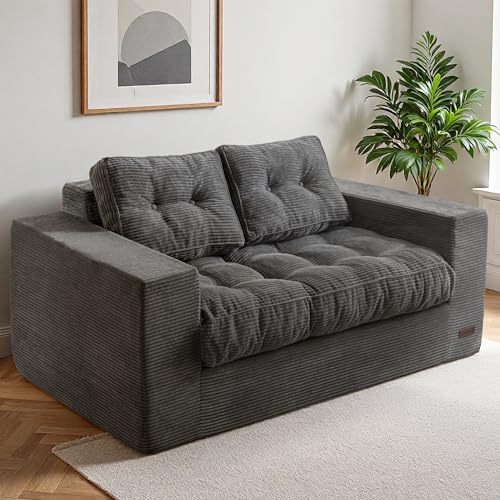 Image of MAXYOYO Loveseat Sofa Couch, Upholstered Bean Bag Chair Cloud Seat for Adults, Boneless Couch with Cushion & Pillows, Sofa in A Box, No Assembly Required, Corded Dark Grey, 2-Seat