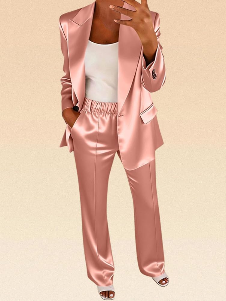 shownicer Tailleur Femme Ensemble 2 Pièces Pantalon Chic et Elegant en Satin Costume Grande Taille Tenue