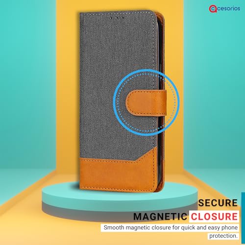 Image of Accesorios Samsung F62 Flip Back Cover Case | Denim Fabric | Eco-Friendly Leather | Magnetic Closure | Shockproof Stylish Mobile Flip Cover for Samsung Galaxy F62 (Grey)