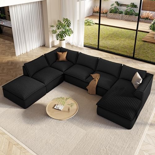 Image of Vesgantti 141.7 inch Oversized Sectional Boneless Couch, Modern 7 Seater Modular Sofa with Chaise & Ottoman, Deep Seat Plush Corduroy Cloud Couches for Living Room, No Assembly Required, Black