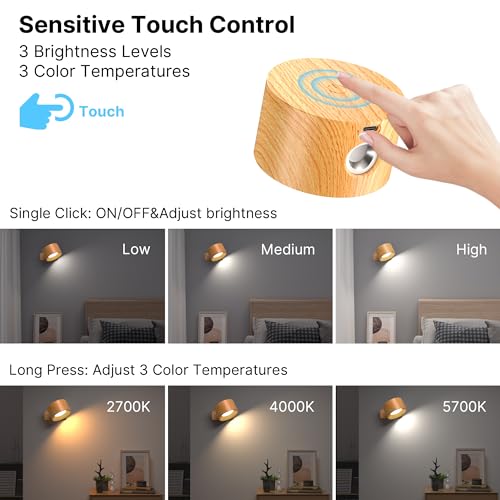 Mexllex Lampara Pared Led 2 Piezas, Apliques Pared Interior Dormitorio Puerto de Carga Usb, Control TáCtil 3 Niveles De Brillo Temperatura de 3 Colores Focos de Pared Libremente Giratorio Luces - imagen 4