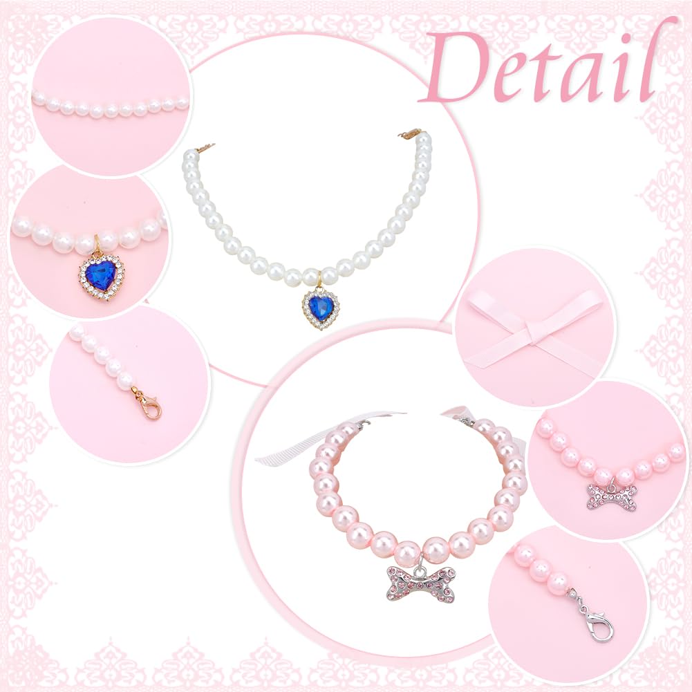 DELORIGIN 4 Styles Dog Cat Pearl Collar Necklace Jewelry Beaded Collar With Ribbon and Cubic Zirconia Heart Bone Collar Accessories for Small Cat Dog Accessories Girl Pet Puppy Kitten Pink Costume - Image 3