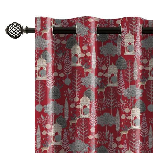 Image of LINENWALAS Pichwai Printed 100% Blackout Curtains for 7 Feet Door Set of 2 Panels, Thermal Insulated, Noise Reducing Luxury Drapes, Heritage Art Inspired Premium Curtains for Living Room (Red)