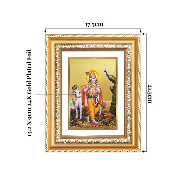Image of DIVINITI Lord Krishna with Surbhi Cow 24K Gold Plated Foil Wall and Tabletop Photo Frame for Home Decor, Puja Room, Luxury Gifting | DG Frame 112 S2 (21.5x17.5 CM)
