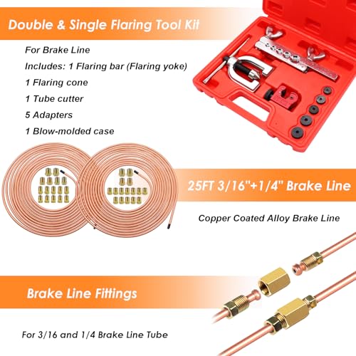 image for Eoppen 25 ft 3/16 + 1/4 Copper Coated Brake Line Kit(Includes 48 Fitti