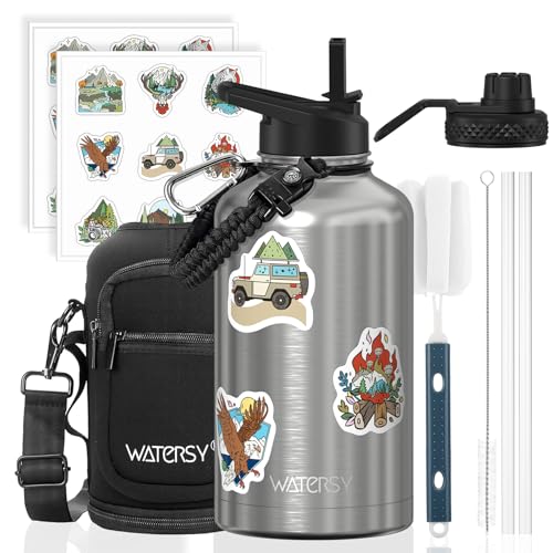 Image of 64oz Insulated Water Bottle (Cold for 48 Hrs),BPA Free&Leak Proof,Half Gallon Stainless Steel Water Flask,Water Jug with Straw Spout Lids for Gym,Hiking,Camping,Stainless