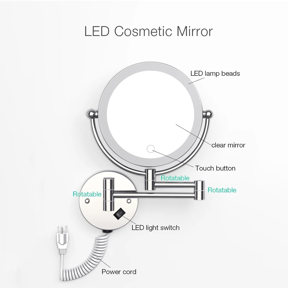 Espejo De Maquillaje LED Montado En La Pared, Espejo Cosmético De Aumento De 5X Para Mujer, Espejo Auxiliar Cosmético De Baño De 8 Pulgadas, Espejo De Luz Redondeada