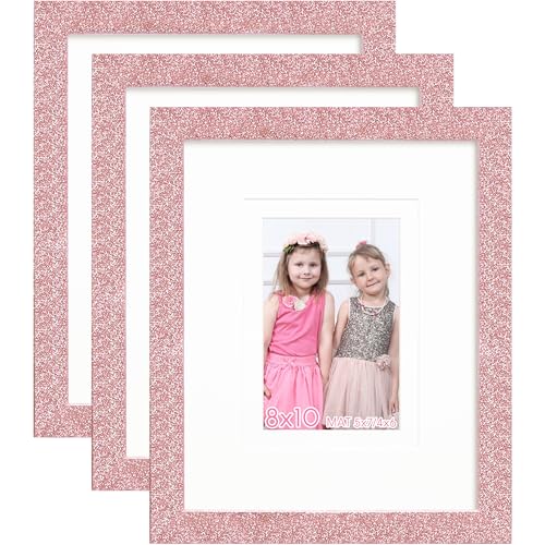 NWDCLF 8x10 Glitter Picture Frame Set of 3, Stylish Sparkling Photo Frames with 5x7/4x6 Mat, Solid Wood and Real Glass for Tabletop or Wall Mount, Cute Home Office Decor, Pink
