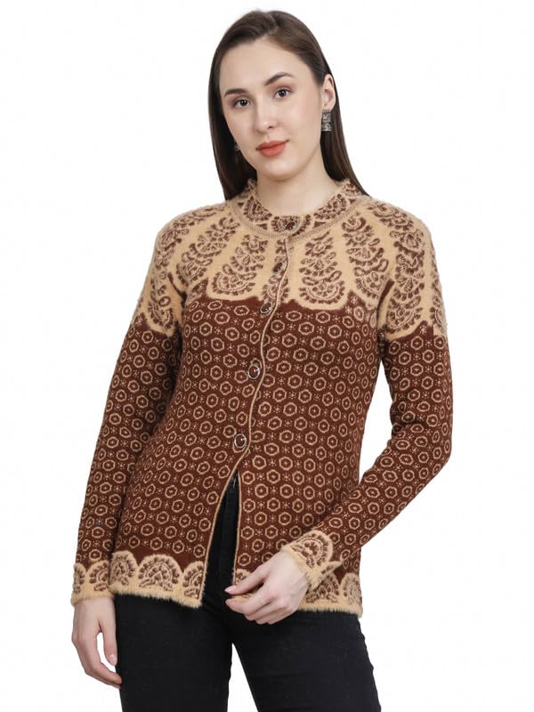 Women Woolen Round Neck Self Design Cardigan Winter Wear Brown-image-1