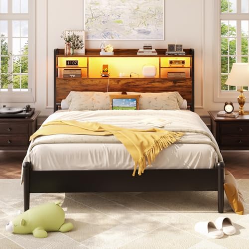 Image of Aheaplus Headboard for Full Size Bed with Storage and Outlets, Rustic Brown | Headboards with LED Light, Power Outlets, USB Ports Full Size Head Board, Wood headboard Only Sturdy and Stable Headboards