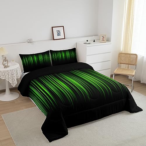 Image of Feelyou Abstract Ombre Comforter Set Full, Green and Black Striped Bedding Set Gradient Green Lines Comforter for Kids Toddler Modern Abstract Geometric Duvet Set Microfiber Quilt Set