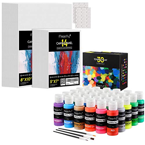 Magicfly Washable Tempera Paint for Kids 30 Colors + Magicfly Painting Canvas Panels 2 Sizes