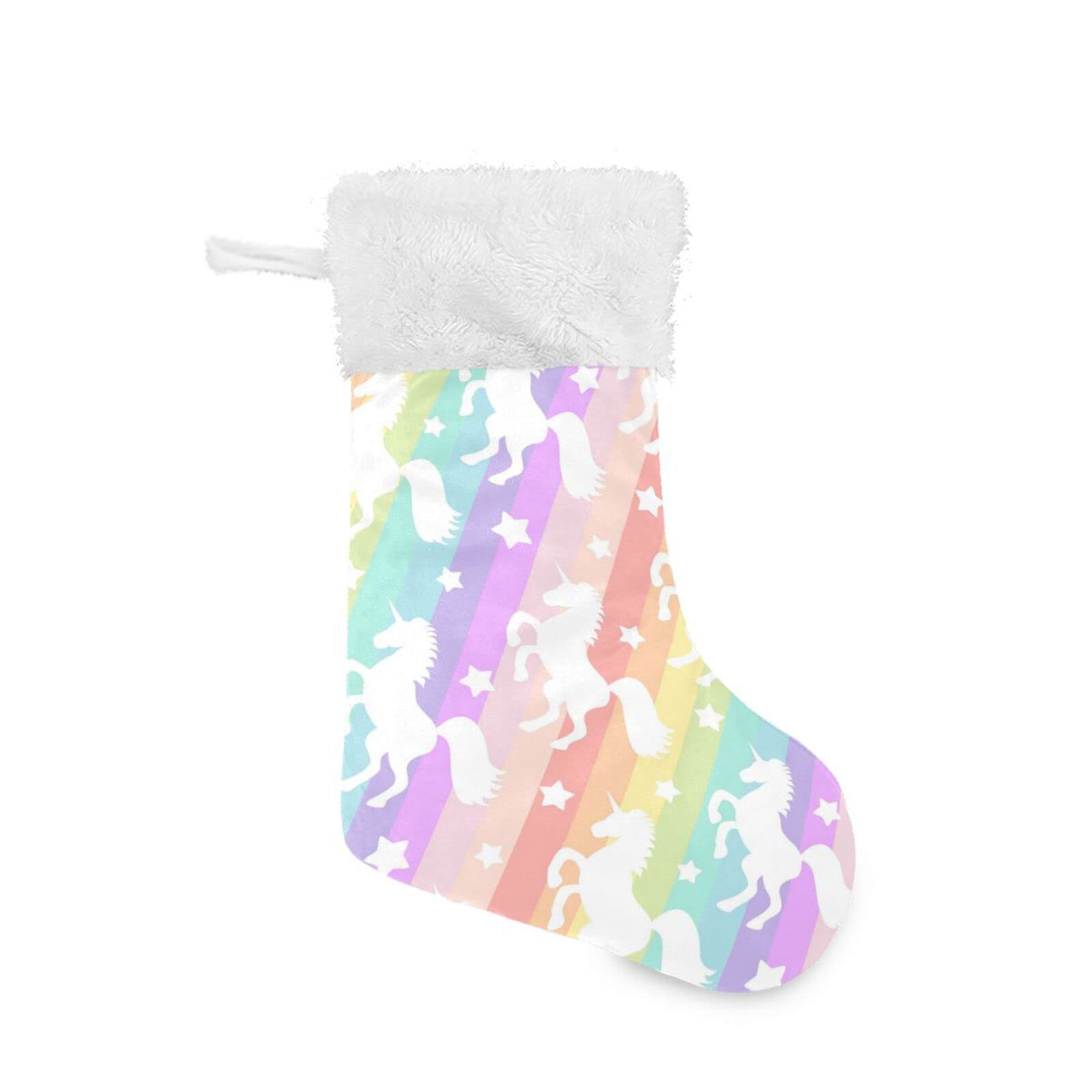 Kigai Rainbow Star Unicorn Christmas Stockings, White Plush Cuff Stocking Gift Holders for Party Holiday Decorations (17.7 Inch, 1 Pack)