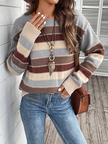 Image of BEAUDRM Women's Striped Sweater Color Block Crew Neck Boho Sweater Long Sleeve Knitted Weatern Jumper Tops Multicolor Medium
