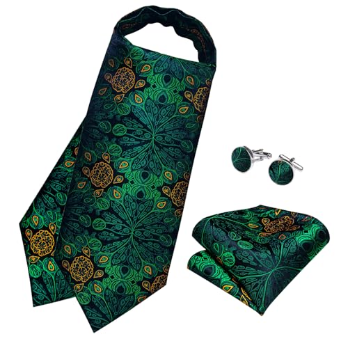 Image of DiBanGu Mens Silk Ascot Ties Paisley Jacquard Woven Cravat and Pocket Square Cufflinks with Lapel Pin for Business Wedding