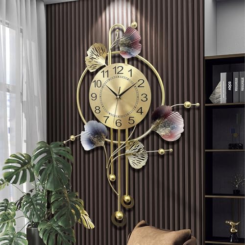 KHCCJP Large Decorative Wall Clock - Modern Silent Non-Ticking Wall Clocks - Metal Iron Ginkgo Leaf Design Fancy Style Wall Quartz Clock for Living Room Bedroom Hotel Porch (Colors, 70x52CM)