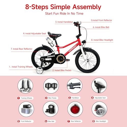 WinHope Kids Bike, 12 14 16 18 Inch Bike for 2-9 Boys & Girls, Children's Bicycle with Training Wheels, Headlight, Fenders, Adjustable Seat and Water Bottle for Outdoor Riding, Multiple Colors