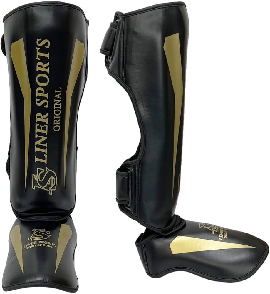 Amazon | ブラック×ゴールド S 空手 格闘技 レッグガード レガース