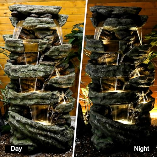 Image of SunJet 59 inch High Multi-Tiers Cascading Rock Outdoor Water Fountain with LED Lights - Large Outdoor Fountains and Waterfalls for Garden or Patio, Yard, and Deck Decor, Featuring Natural Stone Look