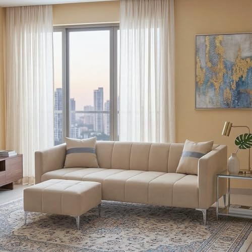 Image of Solomon 4 Seater L Shape Sofa Set with Movable Ottoman | Flexible Left or Right Layout | Luxe Velvet Suede Fabric | Comfortable Seating | Modern Sofa for Living Room - Beige