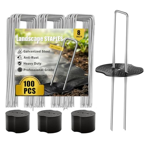 100 Pack Landscape Staples Garden Stakes 8 Inch 11 Gauge Galvanized Landscape Fabric Pins Anti-Rust Landscape Spike Heavy Duty Ground Staples for Weed Barrier Irrigation Tubing & Lawn Decor