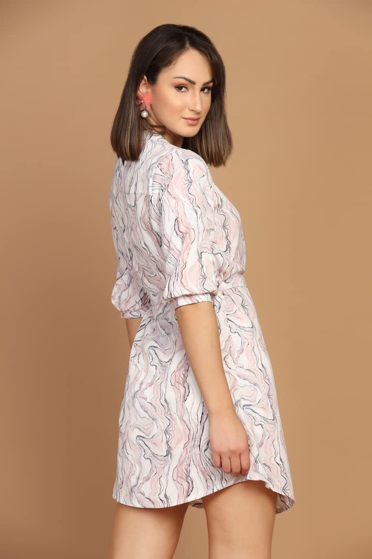 Leriya Fashion Western Dress For Women || Rayon Marble Printed Short Dresses For Women || Front Plated Neck With Buckle || Casual || Office || Summer Wear Dress For Girls (Xxx-Large, White)
