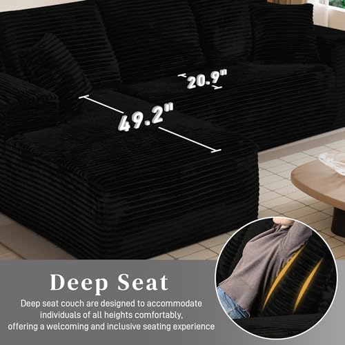 Image of 108 inch Boneless Couches for Living Room, L Shaped Comfy Cloud Modular Sectional Memory Foam Deep Seat Boneless Couch, No Assembly Required Corduroy Sofa for Living Room with Left Facing Chaise, Black