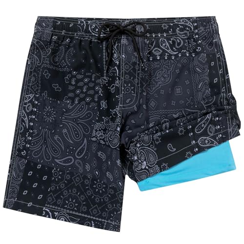 Aueyan Traje de baño para hombre con forro de compresión de 7 pulgadas, pantalones cortos de playa de secado rápido, Cachemira negra, Small