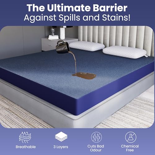 Image of CareFoam 100% Waterproof Premium Cotton Mattress Protector | Breathable and Hypoallergenic Ultra Soft Fitted Bed Protector | Queen XL (Long) 78 x 60 Inch, Fits 10 Inch Blue | Extra-Long Queen beds