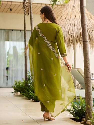 Image of Naixa Women's Rayon Embroidered Straight Kurta with Pant and Dupatta Sets (NX2-741)