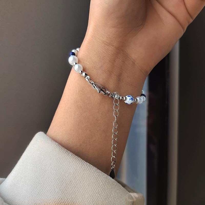 Cute Flower Bracelet for Women Dainty Pearl Bead Ball Bracelets Adjustable Sweet Chain Link Bracelet Vintage Blue and White Porcelain Bracelets Fashion Trendy Birthday Christmas Jewelry Gift - Image 4