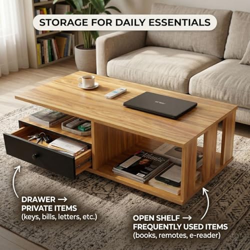 Image of FFO Modern Coffee Table with Storage Drawer & Open Shelves (90 x 60 x 45 cm) | Wooden Center Table for Living Room | Space-Saving Tea Table with Storage DIY.