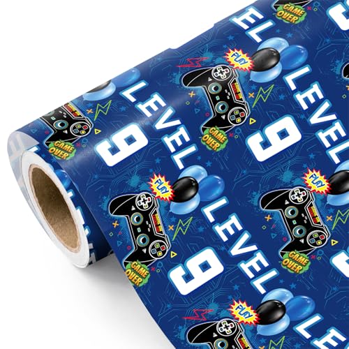 Papier cadeau manette de joueur niveau 9 WRAPAHOLIC rouleau 43cm pour fête anniversaire geek