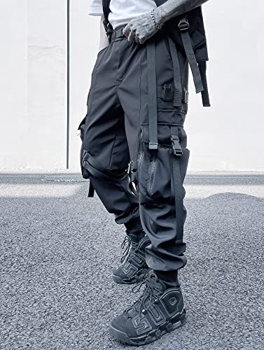 MOKEWEN Men's Streetwear Straps Harem Punk Cargo Ninth Pants with Big Multi Pockets Elastic Waist3