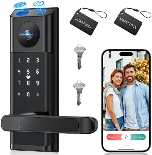 Video Smart Lock with Camera & Doorbell, 5-in-1 Keyless Entry Door Lock with Handle, Fingerprint+Keypad Code+App Remote Control+IC Card, Auto Lock, Wi-Fi Smart Deadbolt for Front Door, Apartment