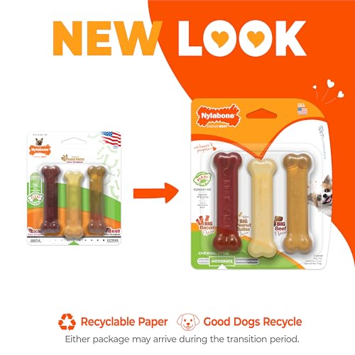 Image of Nylabone Flexi Chew Bone Triple Pack, 3 Durable Textured Chew Toys, Freeze & Treat, Promotes Dental Health with Peanut Butter, Savoury Flavours, Ideal for Small Dogs, Puppies Upto 7kg, X-Small
