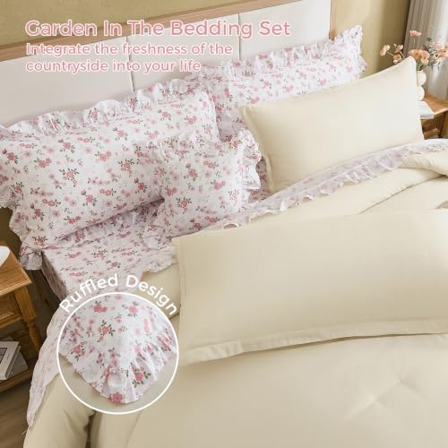 Image of WONGS BEDDING 8PC Queen Comforter Set, Ruffle Comforter with Floral Sheets